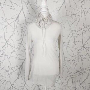 The Open Product White Ivory Mesh Sheer Cowl Neck Long Sleeve